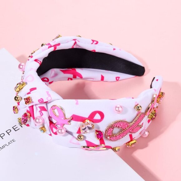Pink Ribbon Headband for Women Breast Cancer Awareness Wide Top Knot Crystal main image 7